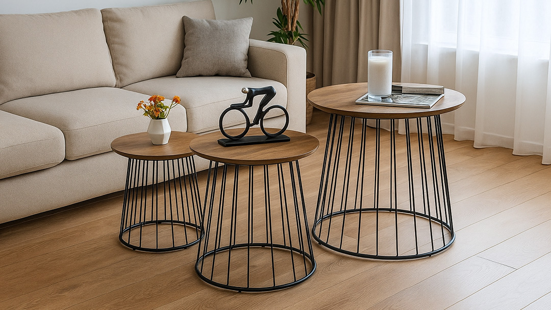 lot de 3 tables basses industrielles rondes en bois
